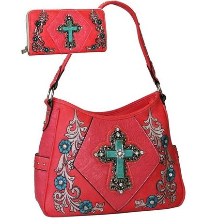 GOLD RUSH Gold Rush CRL681WB681SET-CORL Studded Rhinestone Cross Embroidered Western Purse Wallet Set - Coral CRL681WB681SET-CORL